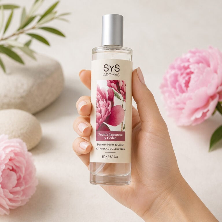 Ambientador Pulverizador Peonía Japonesa y Cedro Botanical SYS Aromas 100 ml para salones, dormitorios, hoteles, boutiques y recepciones.