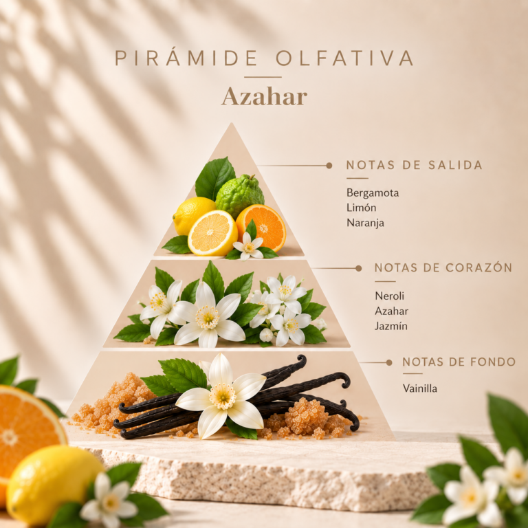 Pirámide olfativa del Ambientador Mikado Azahar 90 ml SYS Aromas con bergamota, limón, naranja, neroli, azahar, jazmín y vainilla.
