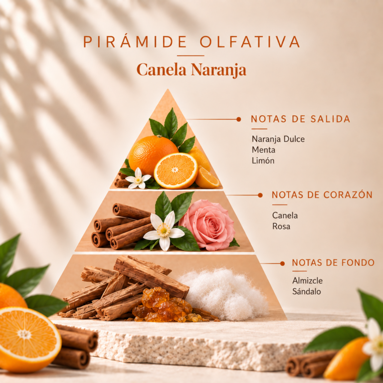 Pirámide olfativa del Ambientador Mikado Canela-Naranja 90 ml SYS Aromas con notas de salida de naranja dulce, menta y limón, corazón de canela y rosa, y fondo de almizcle y sándalo.