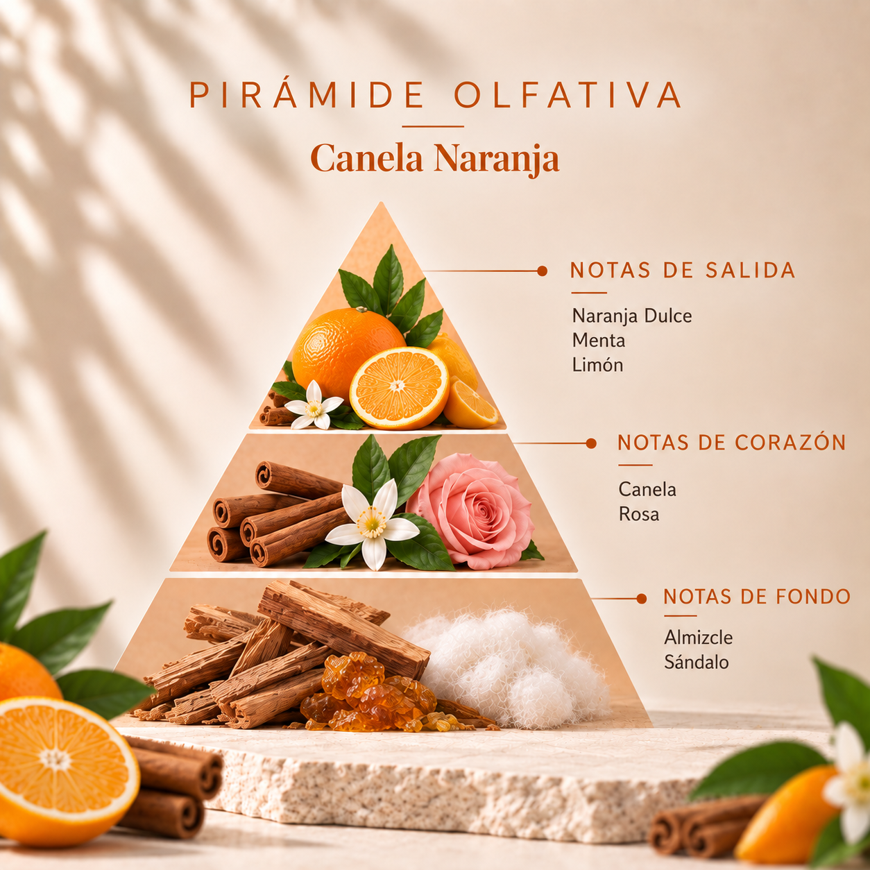 Pirámide olfativa del Ambientador Mikado Canela-Naranja 90 ml SYS Aromas con notas de salida de naranja dulce, menta y limón, corazón de canela y rosa, y fondo de almizcle y sándalo.