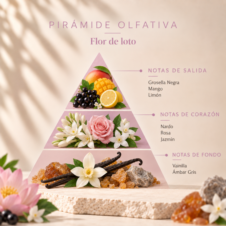Pirámide olfativa del Ambientador Mikado Flor de Loto 250 ml SYS Aromas con grosella negra, mango, limón, nardo, rosa, jazmín, vainilla y ámbar gris.