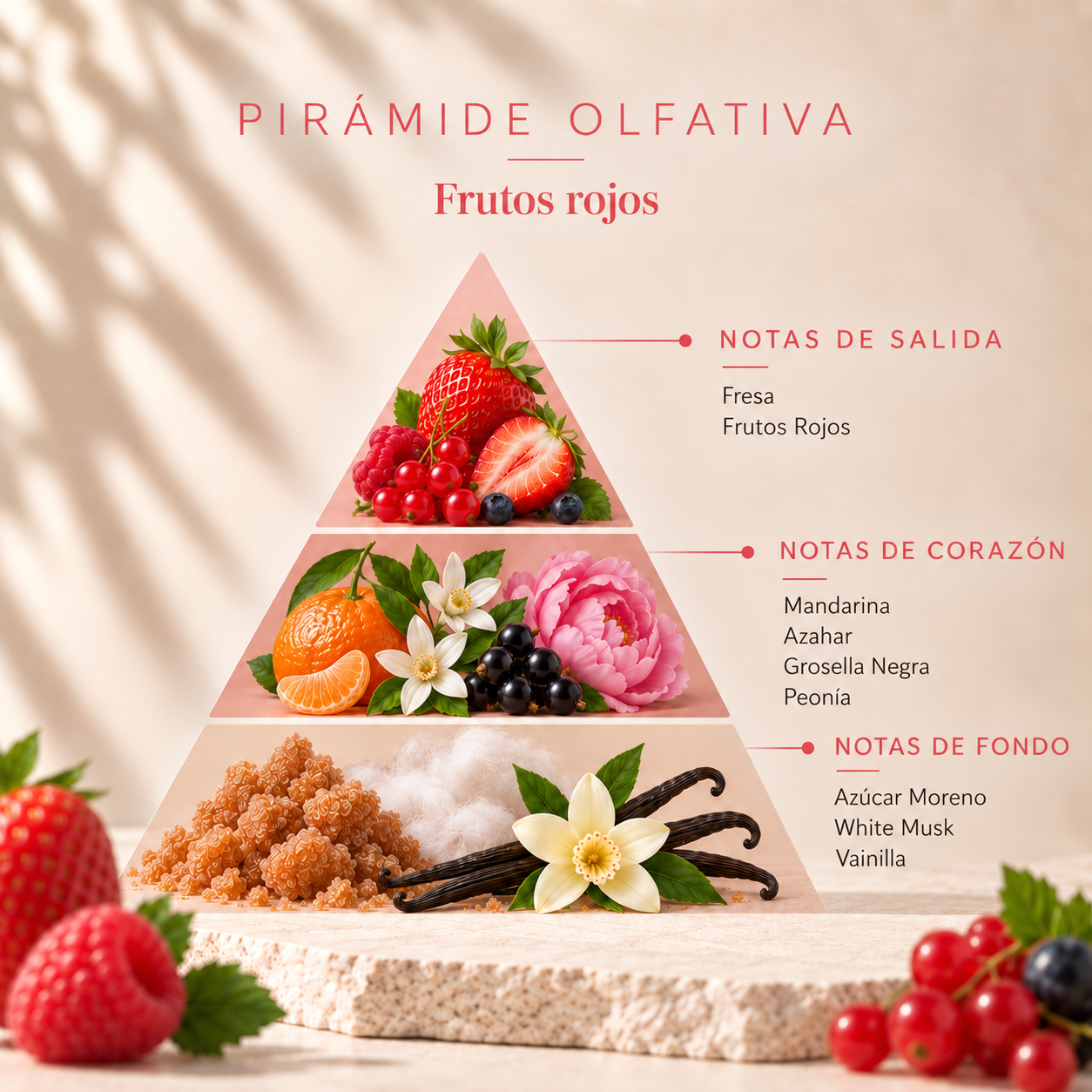 Pirámide olfativa del Ambientador Mikado Frutos Rojos 250 ml SYS Aromas con fresa, frutos rojos, mandarina, azahar, grosella negra, peonía, azúcar moreno, almizcle blanco y vainilla.