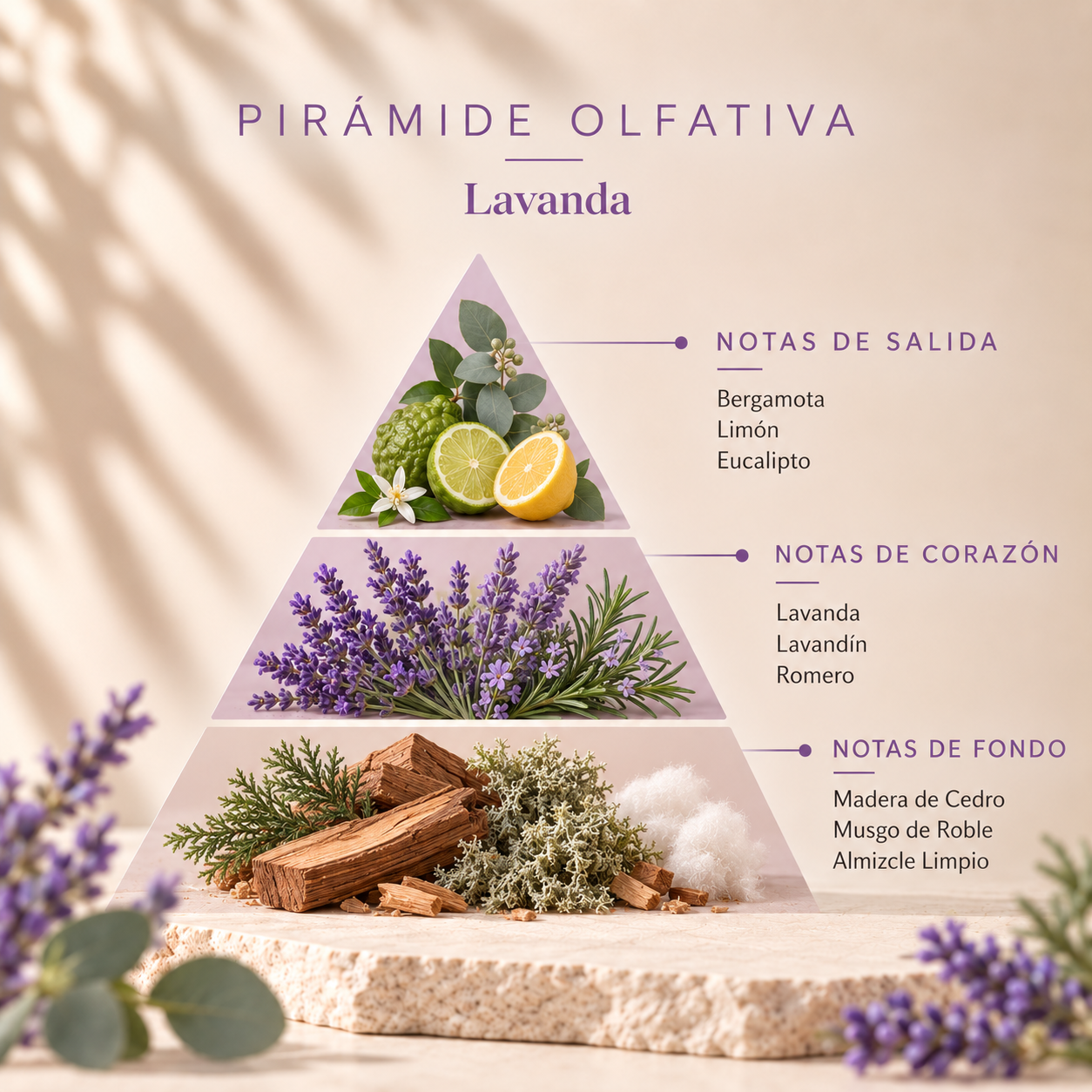 Pirámide olfativa del Ambientador Mikado Lavanda 90 ml SYS Aromas con bergamota, limón, eucalipto, lavanda, lavandín, romero, madera de cedro, musgo de roble y almizcle limpio.