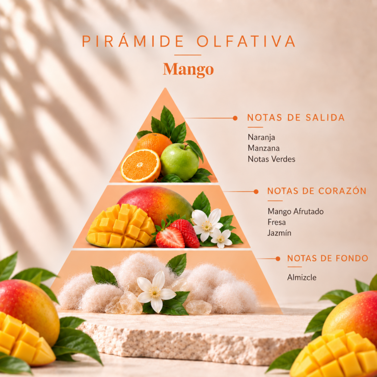 Pirámide olfativa del Ambientador Mikado Mango 90 ml SYS Aromas con naranja, manzana, notas verdes, mango afrutado, fresa, jazmín y almizcle.