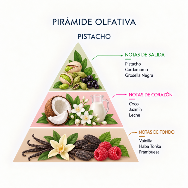 Pirámide olfativa del Ambientador Mikado Pistacho 50 ml SYS Aromas con pistacho, cardamomo, grosella negra, coco, jazmín, leche, vainilla, haba tonka y frambuesa.