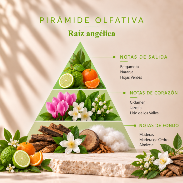 Pirámide olfativa del Ambientador Mikado Raíz Angélica 250 ml SYS Aromas con bergamota, naranja, hojas verdes, ciclamen, jazmín, lirio de los valles, maderas, madera de cedro y almizcle.