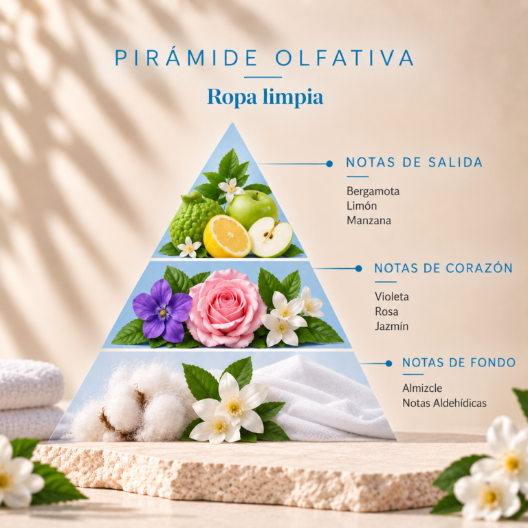 Pirámide olfativa del Ambientador Mikado Ropa Limpia 90 ml SYS Aromas con bergamota, limón, manzana, violeta, rosa, jazmín, almizcle y notas aldehídicas.