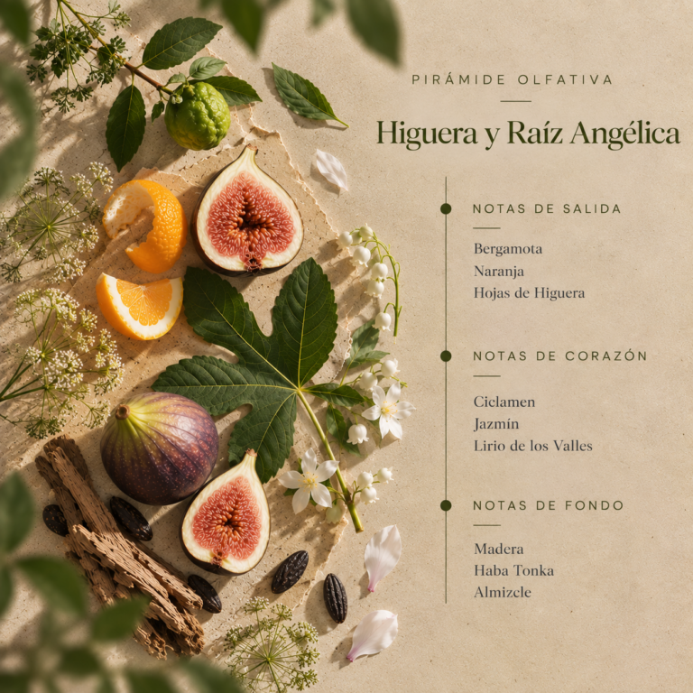 Pirámide olfativa del Ambientador Pulverizador Higuera y Raíz Angélica 100 ml SYS Aromas con bergamota, naranja, hojas de higuera, ciclamen, jazmín, lirio de los valles, madera, haba tonka y almizcle.