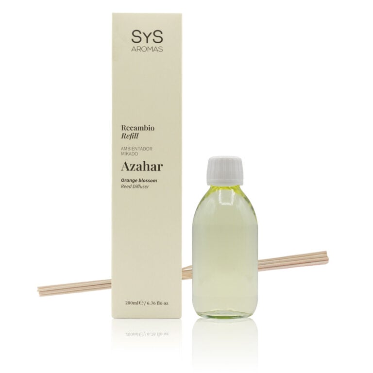Recambio Mikado Azahar 200ml Origins SYS Aromas con estuche, botella y varillas difusoras