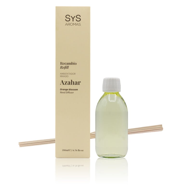 Recambio Mikado Azahar 200ml Origins SYS Aromas con estuche, botella y varillas difusoras