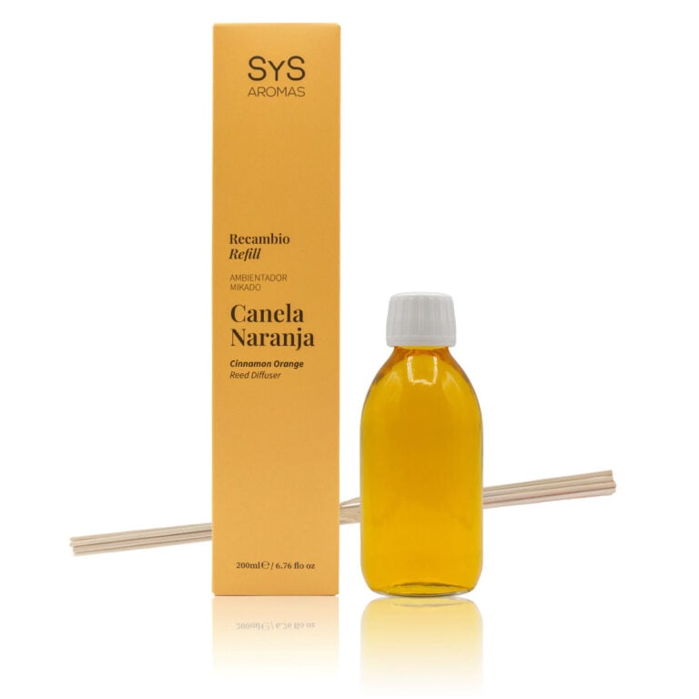 Recambio Mikado Canela-Naranja 200ml Origins SYS Aromas con estuche naranja y varillas difusoras