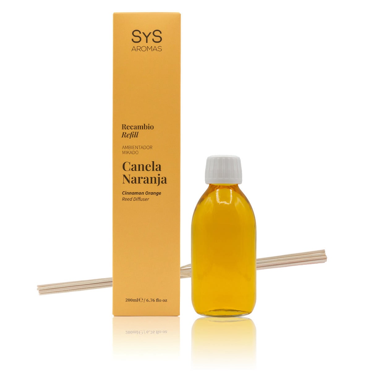 Recambio Mikado Canela-Naranja 200ml Origins SYS Aromas con estuche naranja y varillas difusoras