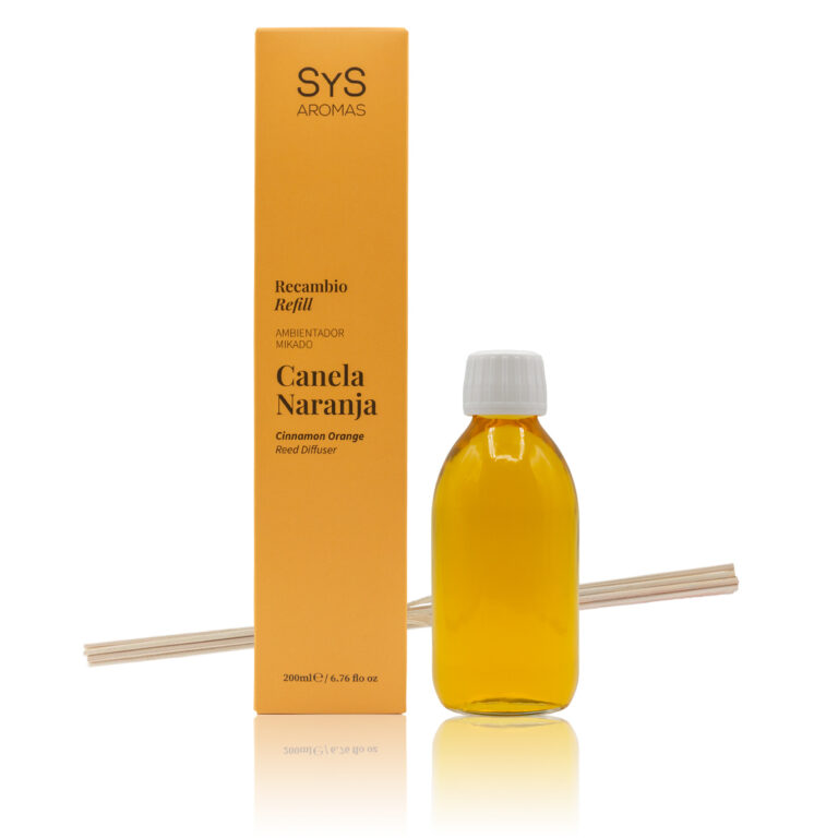 Recambio Mikado Canela-Naranja 200ml Origins SYS Aromas con estuche naranja y varillas difusoras