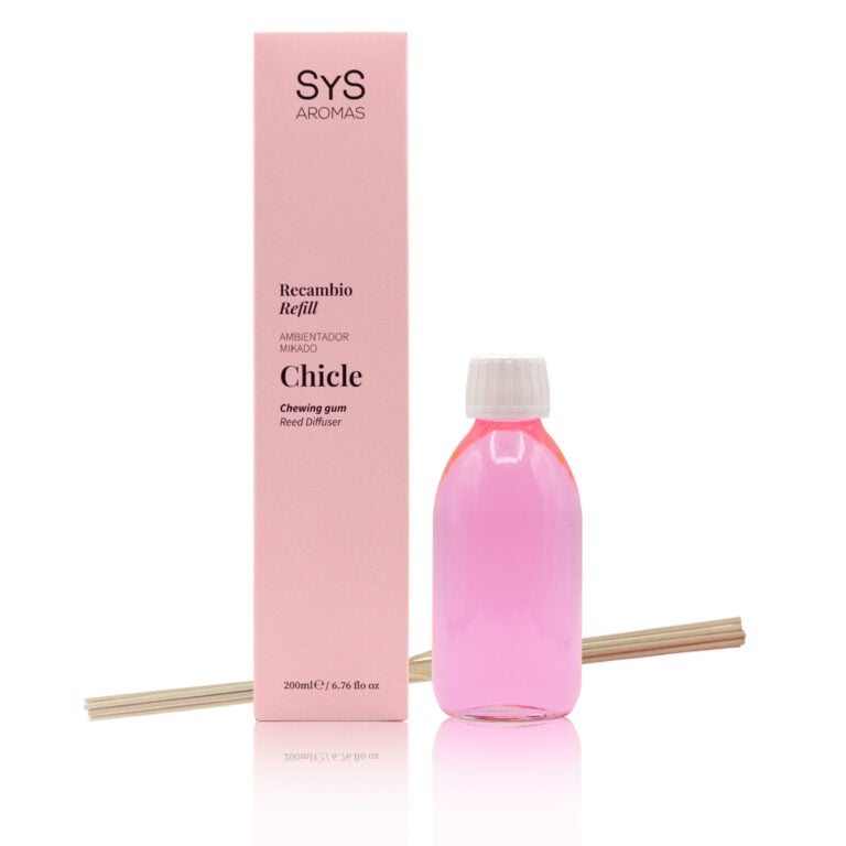 Recambio Mikado Chicle 200ml + Palos Origins SYS Aromas con fragancia dulce y afrutada, presentado con caja rosa, botella de recambio y varillas difusoras.
