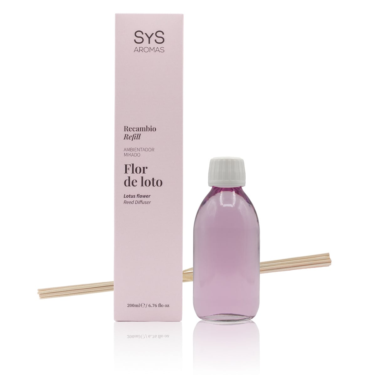 Recambio Mikado Flor de Loto 200ml Origins SYS Aromas con estuche rosa, botella y varillas difusoras