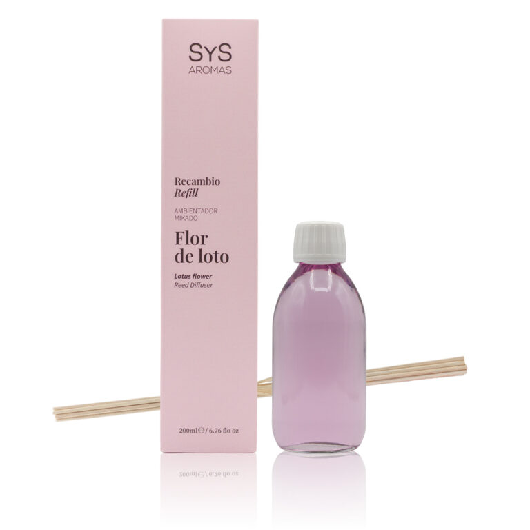 Recambio Mikado Flor de Loto 200ml Origins SYS Aromas con estuche rosa, botella y varillas difusoras
