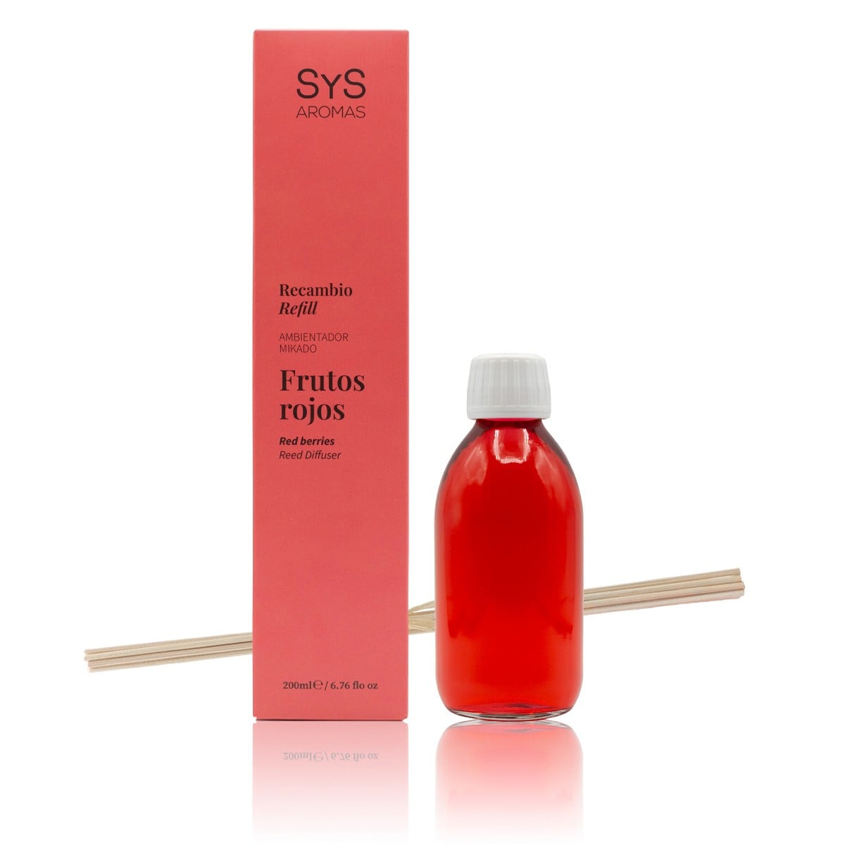Recambio Mikado Frutos Rojos 200ml Origins SYS Aromas con estuche coral, botella y varillas difusoras