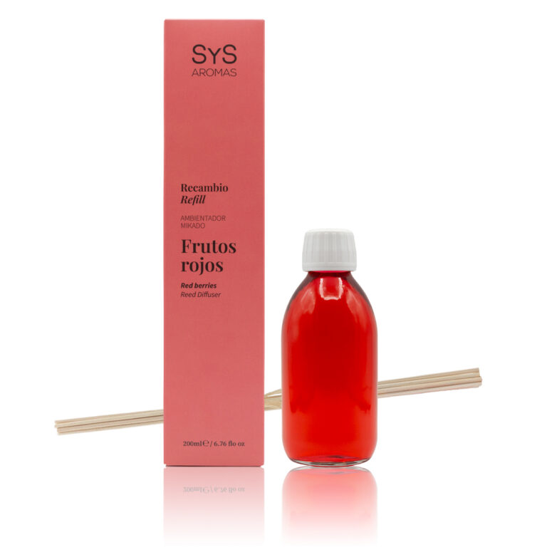 Recambio Mikado Frutos Rojos 200ml Origins SYS Aromas con estuche coral, botella y varillas difusoras