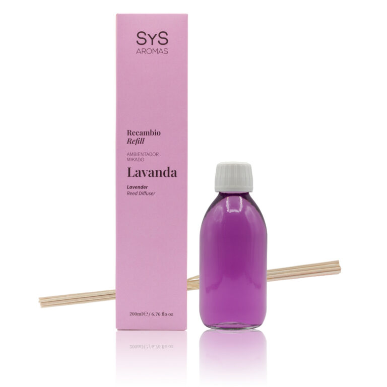 Recambio Mikado Lavanda 200ml Origins SYS Aromas con estuche lila, botella y varillas difusoras