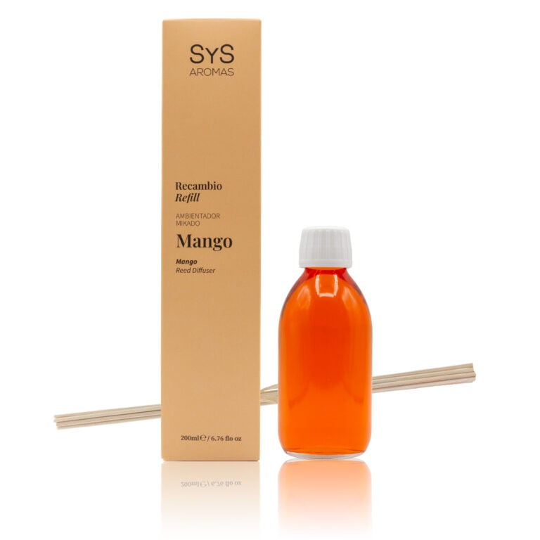 Recambio Mikado Mango 200ml Origins SYS Aromas con estuche, botella naranja y varillas difusoras
