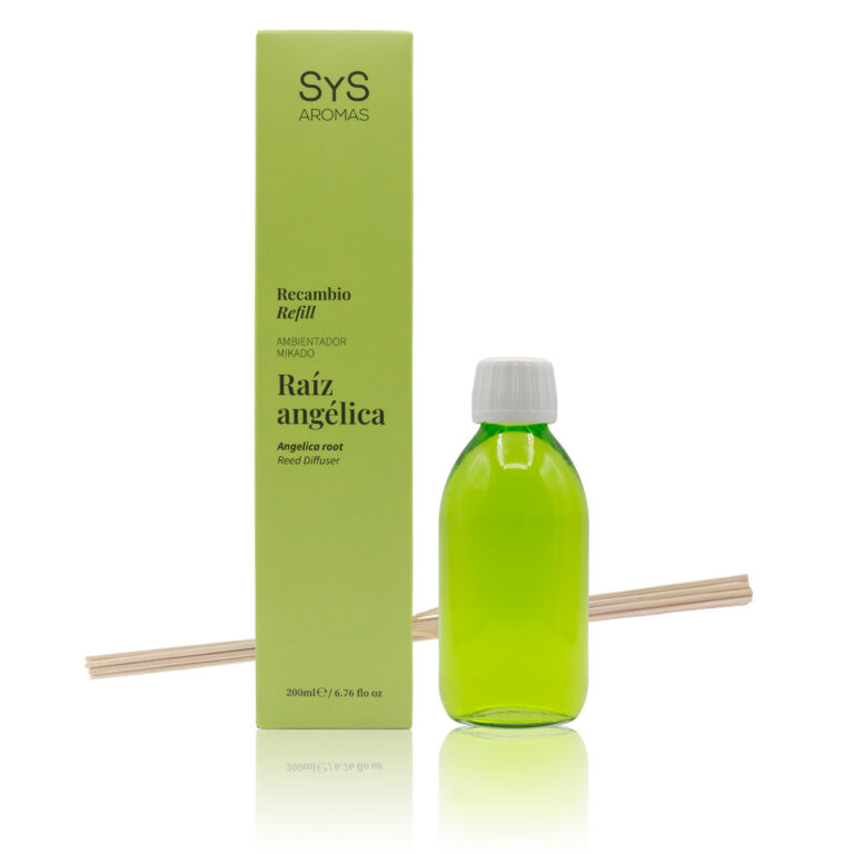 Recambio Mikado Raíz Angélica 200ml Origins SYS Aromas con estuche verde, botella y varillas difusoras