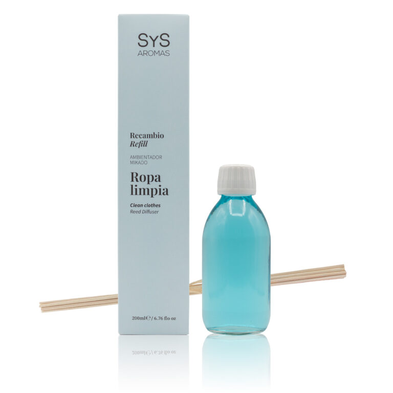 Recambio Mikado Ropa Limpia 200ml Origins SYS Aromas con estuche azul, botella y varillas difusoras