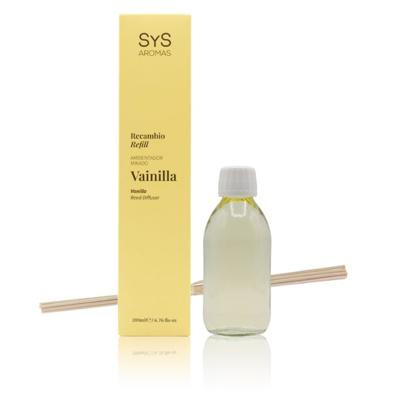 Recambio Mikado Vainilla 200ml Origins SYS Aromas con estuche amarillo, botella y varillas difusoras