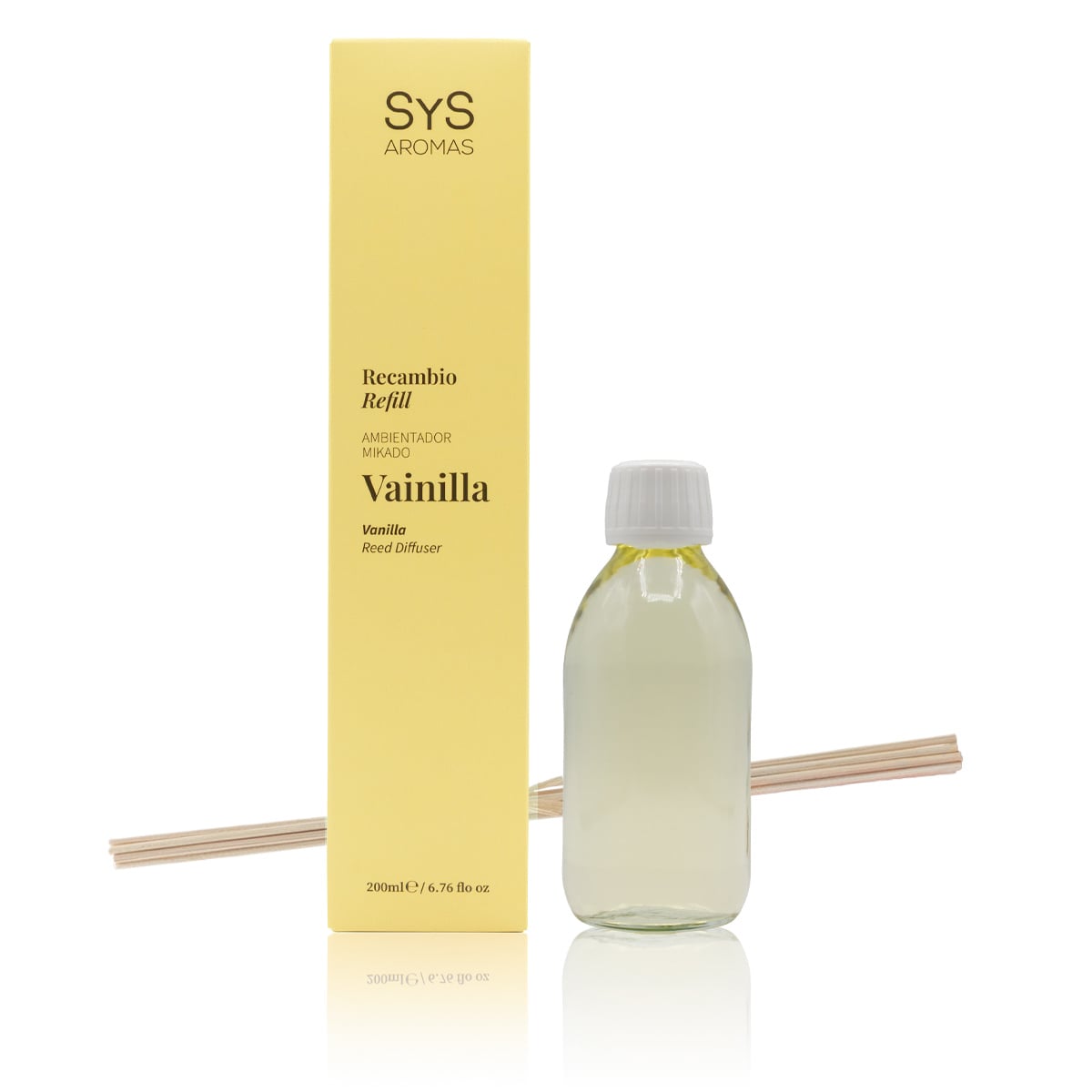 Recambio Mikado Vainilla 200ml Origins SYS Aromas con estuche amarillo, botella y varillas difusoras