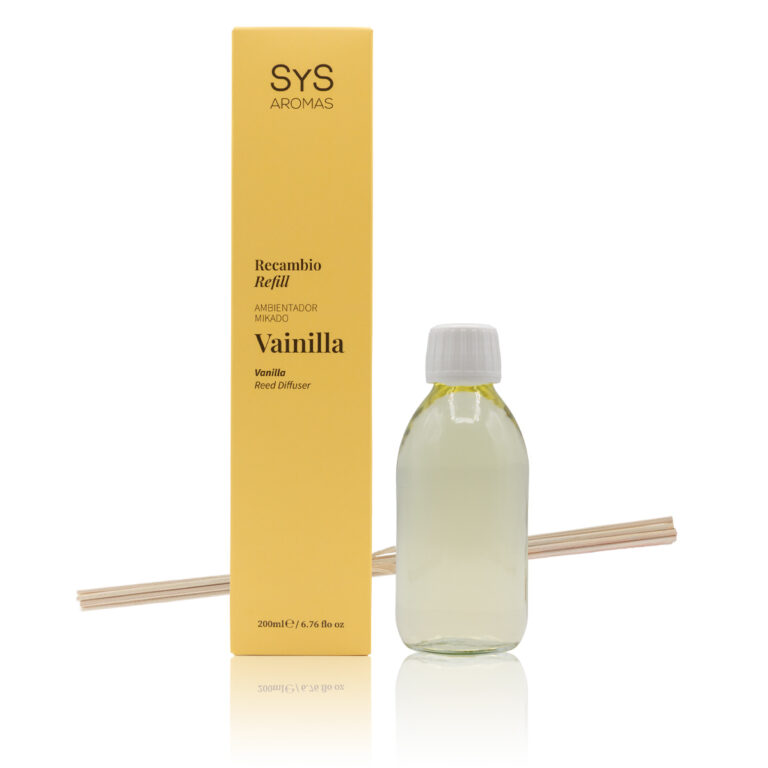 Recambio Mikado Vainilla 200ml Origins SYS Aromas con estuche amarillo, botella y varillas difusoras
