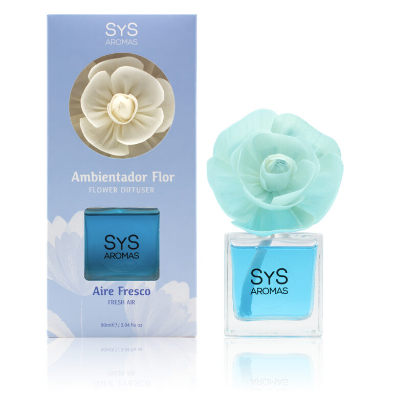 Ambientador Difusor Flor Aire Fresco 90ml SYS Aromas con flor perfumada azul y estuche decorativo.