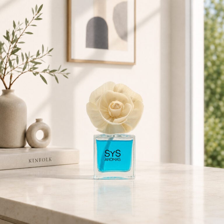 Detalle del Ambientador Difusor Flor Aire Fresco SYS Aromas con flor clara y líquido azul.