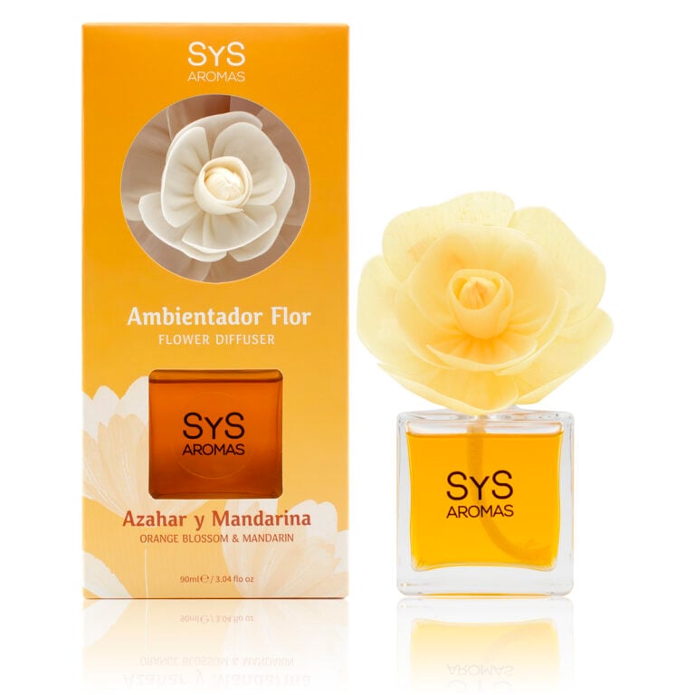 Ambientador Difusor Flor Azahar y Mandarina 90ml SYS Aromas con flor perfumada y estuche naranja.