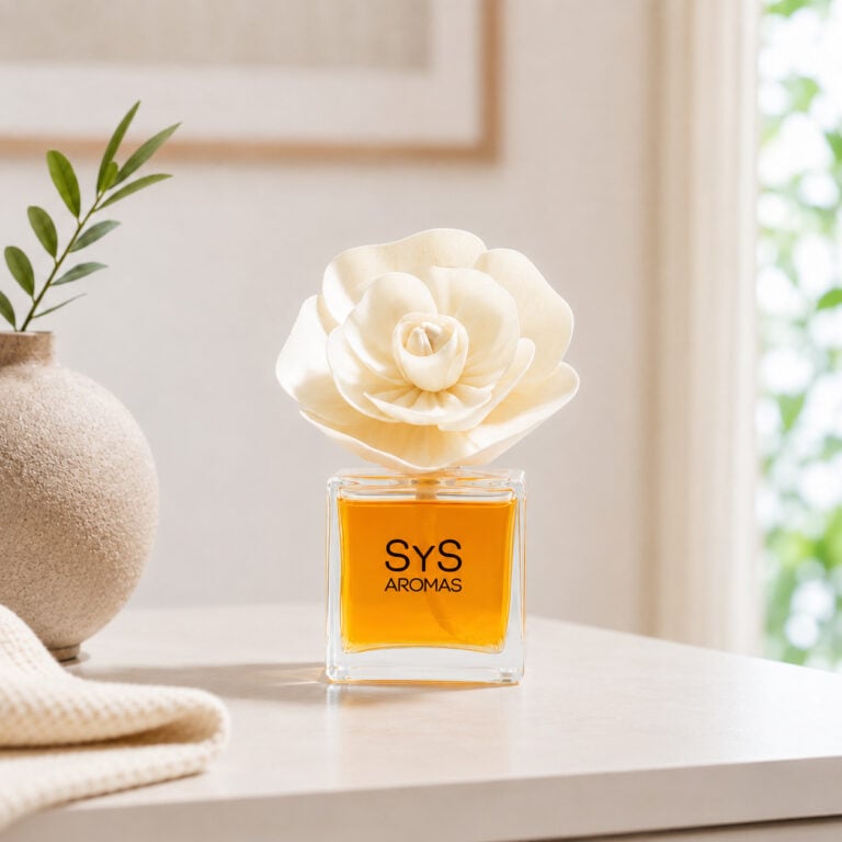Ambientador Difusor Flor Azahar y Mandarina SYS Aromas sobre mueble claro con flor decorativa.
