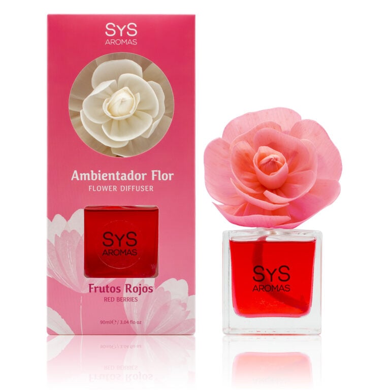 Ambientador Difusor Flor Frutos Rojos 90ml SYS Aromas con flor perfumada rosa, líquido rojo y estuche decorativo.
