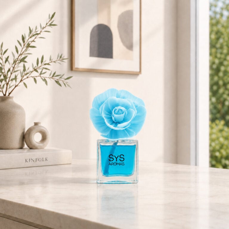 Ambientador Flor Aire Fresco SYS Aromas 90ml con flor azul sobre encimera en ambiente luminoso.