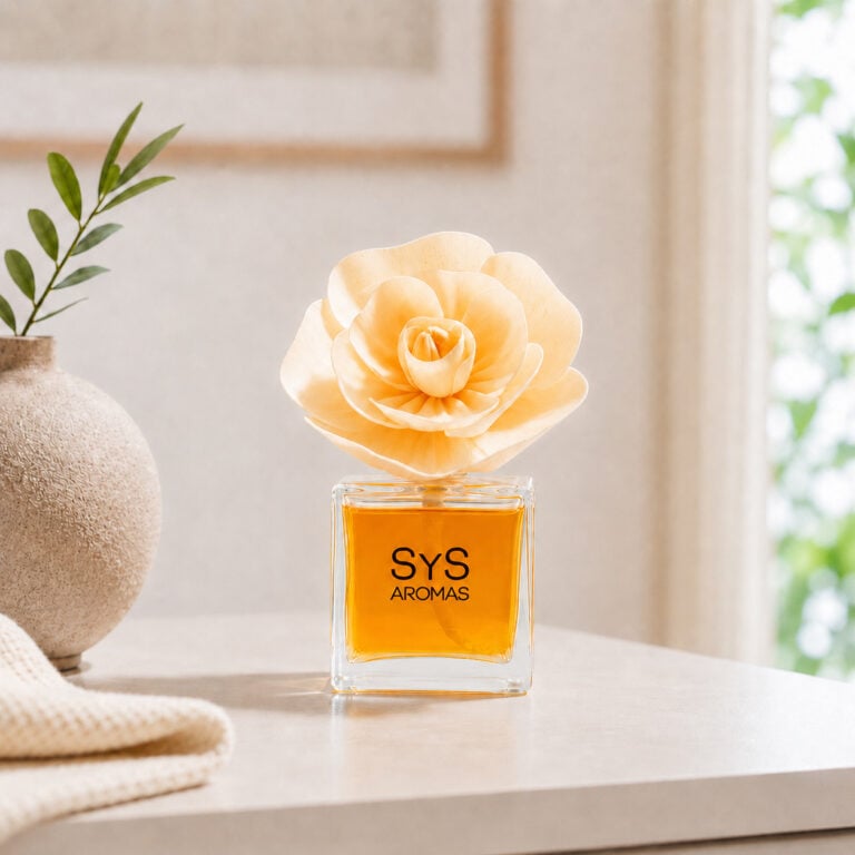 Detalle del Ambientador Flor Azahar y Mandarina SYS Aromas con flor amarilla y frasco naranja.