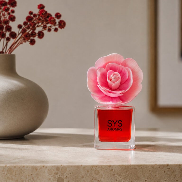 Detalle del Ambientador Flor Frutos Rojos SYS Aromas con flor rosa y perfume rojo.