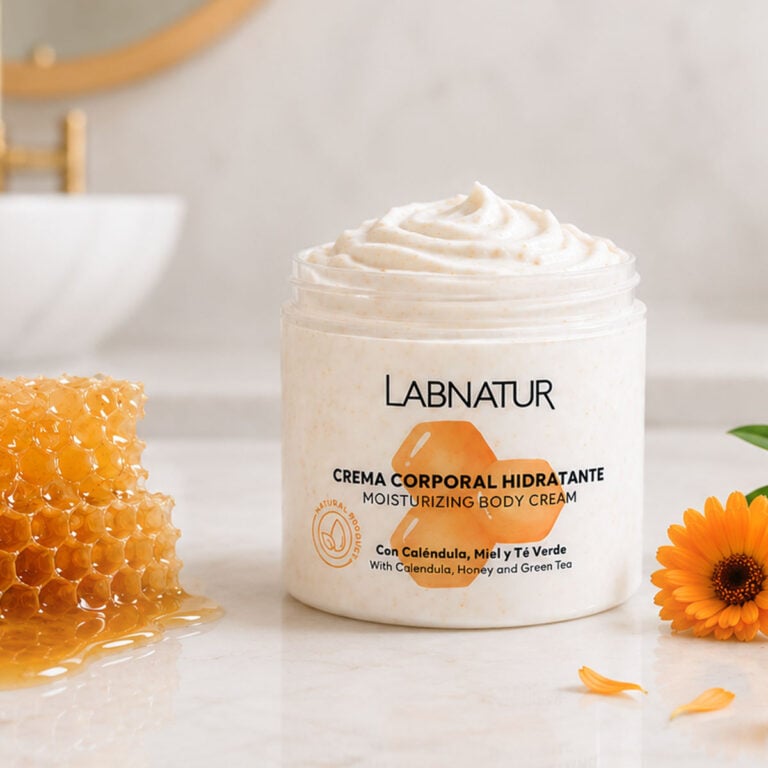 Crema corporal Caléndula con Perlas de Vitamina E y Miel Labnatur en tarro abierto junto a miel y flor de caléndula.