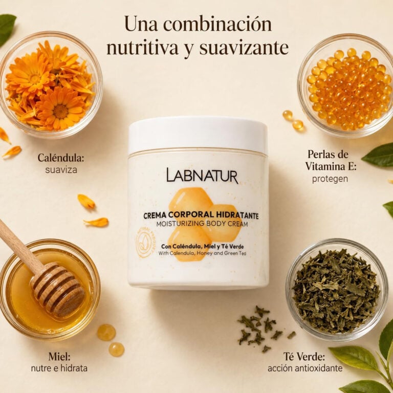 Crema Corporal Caléndula con Perlas de Vitamina E y Miel 500 ml Labnatur con caléndula, miel, té verde y perlas de vitamina E.