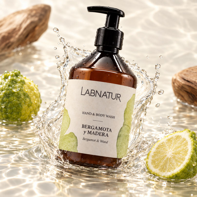 Jabón Manos y Cuerpo Bergamota y Madera 500 ml Labnatur entre salpicaduras de agua, bergamota y madera.