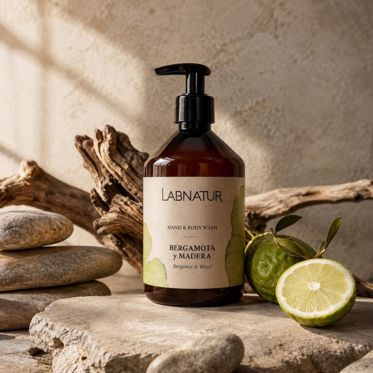Jabón Manos y Cuerpo Bergamota y Madera 500 ml Labnatur con madera, elementos naturales y notas amaderadas dulces.