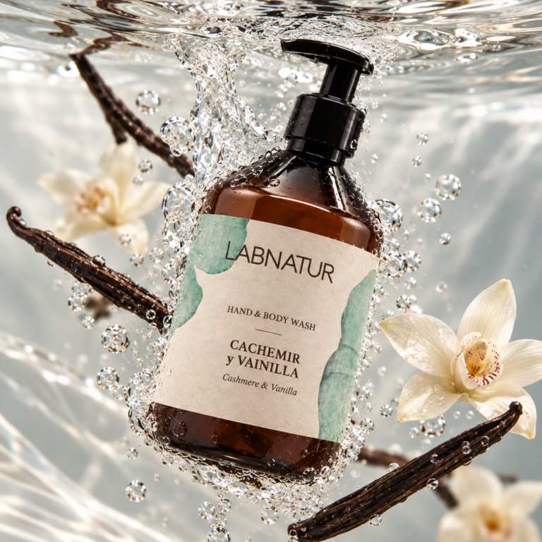 Jabón Manos y Cuerpo Cachemir y Vainilla 500 ml Labnatur rodeado de agua, flores y vainas de vainilla.