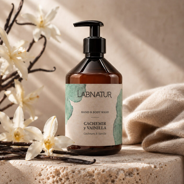 Jabón Manos y Cuerpo Cachemir y Vainilla 500 ml Labnatur con flores de vainilla, vainas y tejido suave.