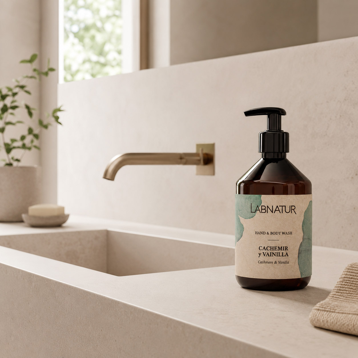 Jabón Manos y Cuerpo Cachemir y Vainilla 500 ml Labnatur sobre lavabo con ventana, planta y toalla.