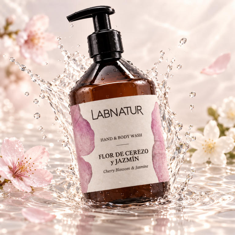 Jabón Manos y Cuerpo Flor de Cerezo y Jazmín 500 ml Labnatur entre salpicaduras de agua y flores de cerezo y jazmín.