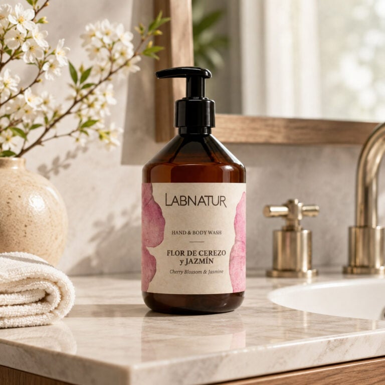Jabón Manos y Cuerpo Flor de Cerezo y Jazmín 500 ml Labnatur en baño con lavabo, toalla y flores blancas.