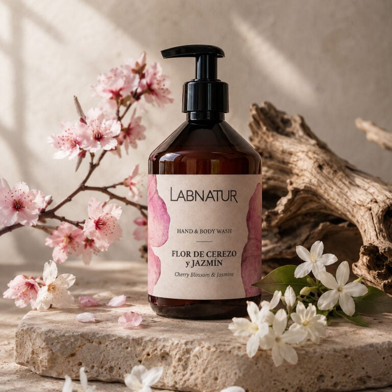 Jabón Manos y Cuerpo Flor de Cerezo y Jazmín 500 ml Labnatur con flores de cerezo, jazmín y elementos naturales.