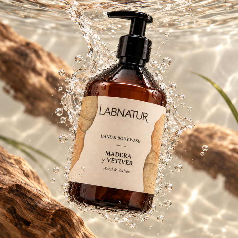 Jabón Manos y Cuerpo Madera y Vetiver 500 ml Labnatur entre salpicaduras de agua y elementos de madera natural.