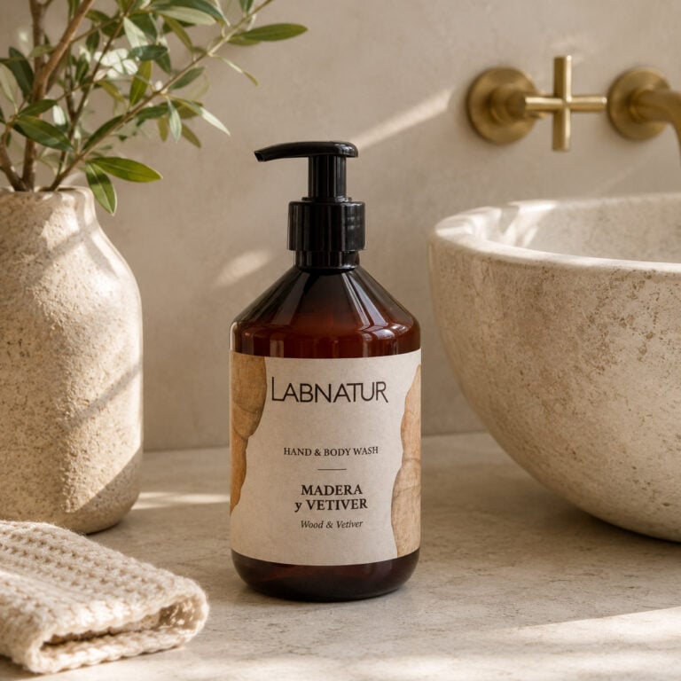 Jabón Manos y Cuerpo Madera y Vetiver 500 ml Labnatur en baño con lavabo de piedra, dosificador y toalla.