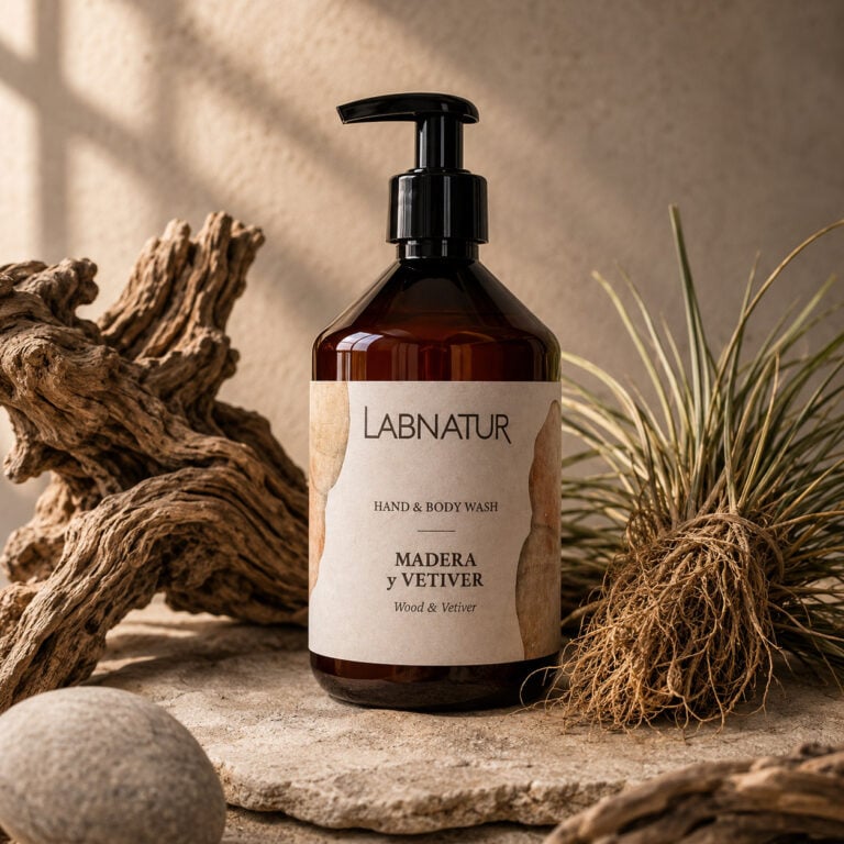 Jabón Manos y Cuerpo Madera y Vetiver 500 ml Labnatur con raíces de vetiver, madera natural y notas amaderadas cítricas.